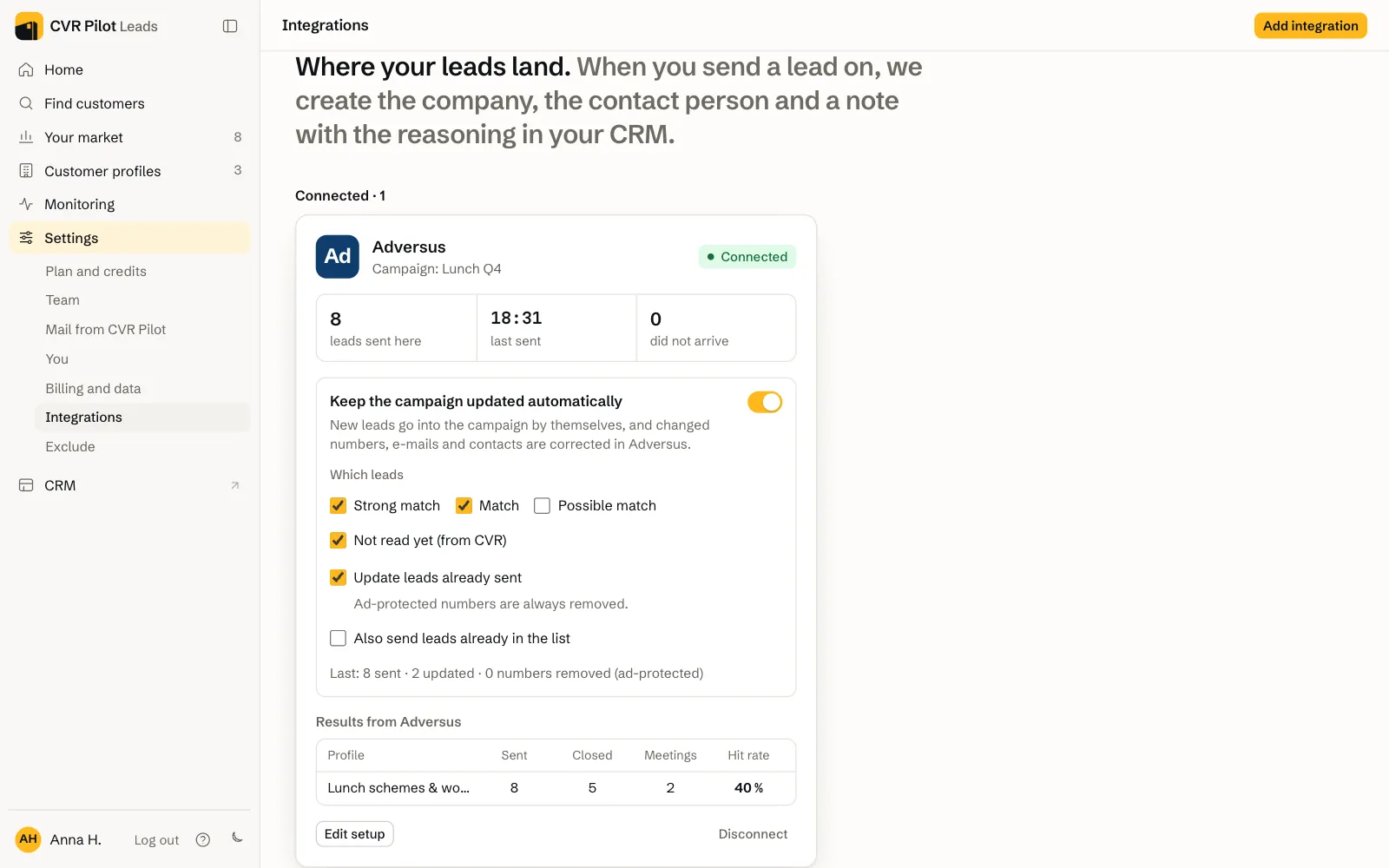 Integrations under Settings: Adversus is connected with 8 leads sent. The campaign is kept updated automatically with the chosen leads (Strong match, Match and Not read yet), and below are the results from Adversus: sent, closed, meetings and hit rate.