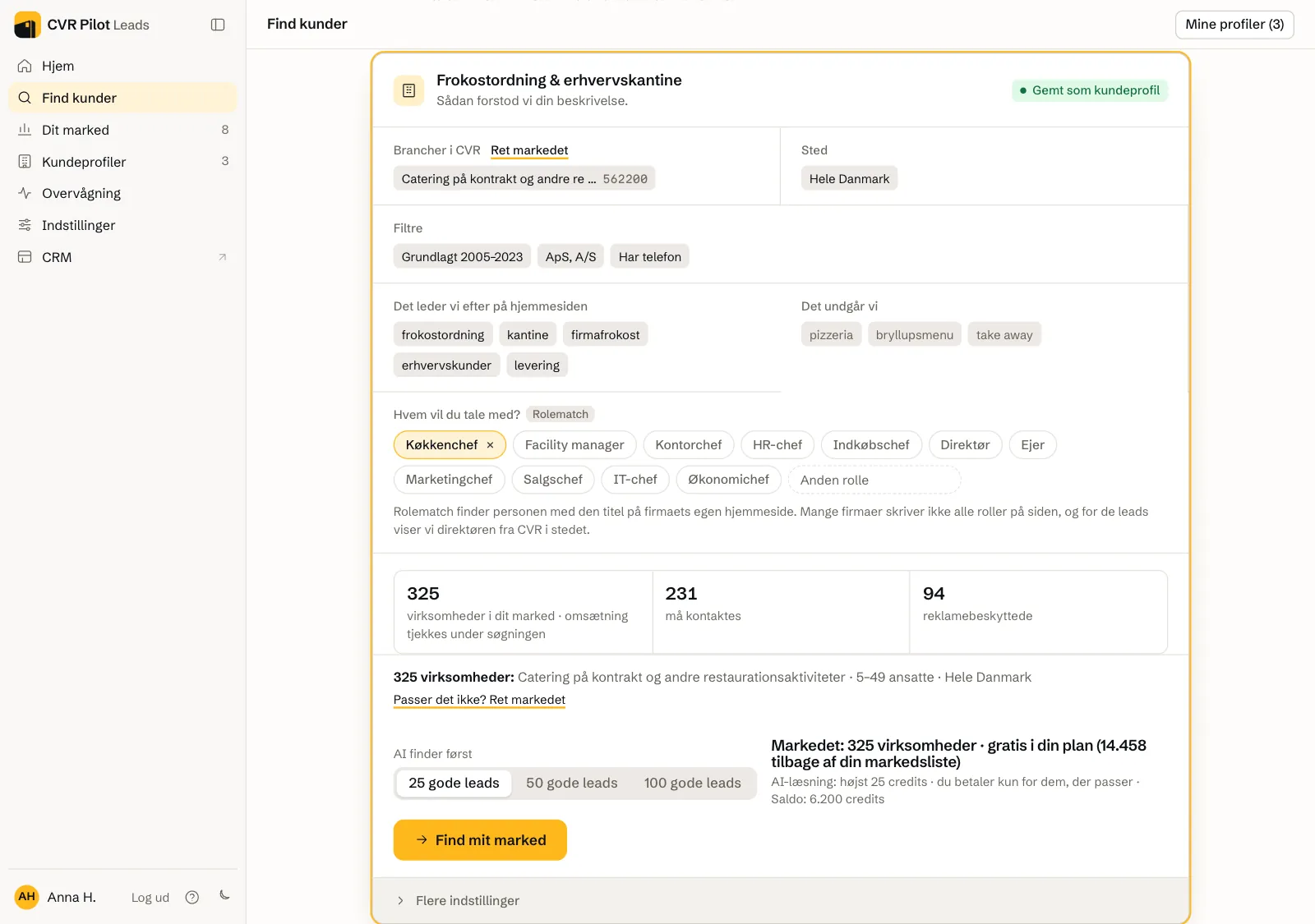 Kundeprofilen under Find kunder: brancher i CVR, sted, filtre, de ord vi leder efter på hjemmesiden, det vi undgår, hvem du vil tale med, 325 virksomheder i dit marked, hvor mange der må kontaktes og er reklamebeskyttede, AI finder først 25, 50 eller 100 gode leads, prisen og knappen Find mit marked.