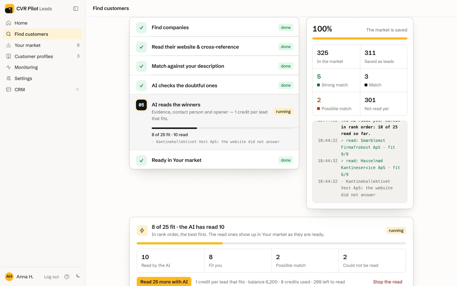 A search where the market is saved: six steps from Find companies to Ready in Your market, 325 companies in the market, 311 saved as leads, 5 Strong match, 3 Match, 2 Possible match, 301 Not read yet, a log of what is happening, and the card 8 of 25 fit, the AI has read 10.